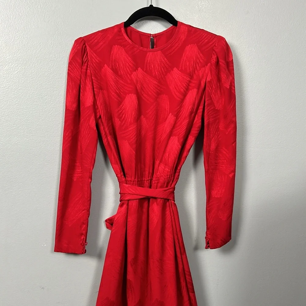 Vintage Women’s Silk Red Shift Dress Faux Feather Hem Necktie Slip on size S - Picture 5 of 17